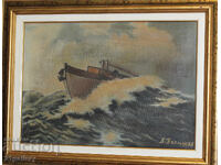 Old painting / Seascape with boat, oil paints