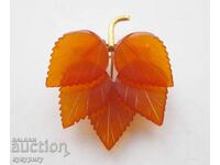 Old Russian women's brooch leaf jewel amber with gilding