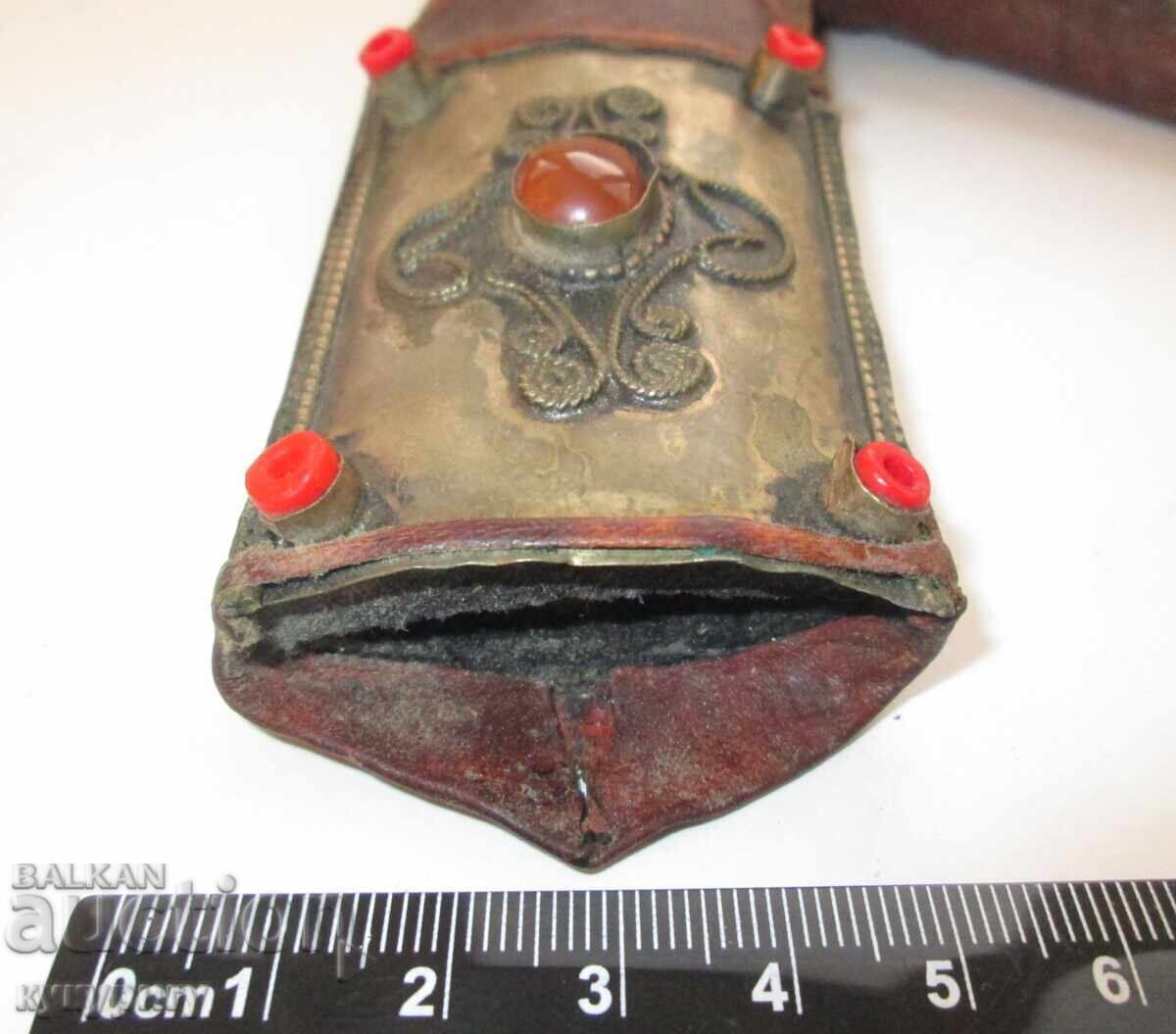 Auction  Old leather scabbard with stones and ornaments for knife dagger blade