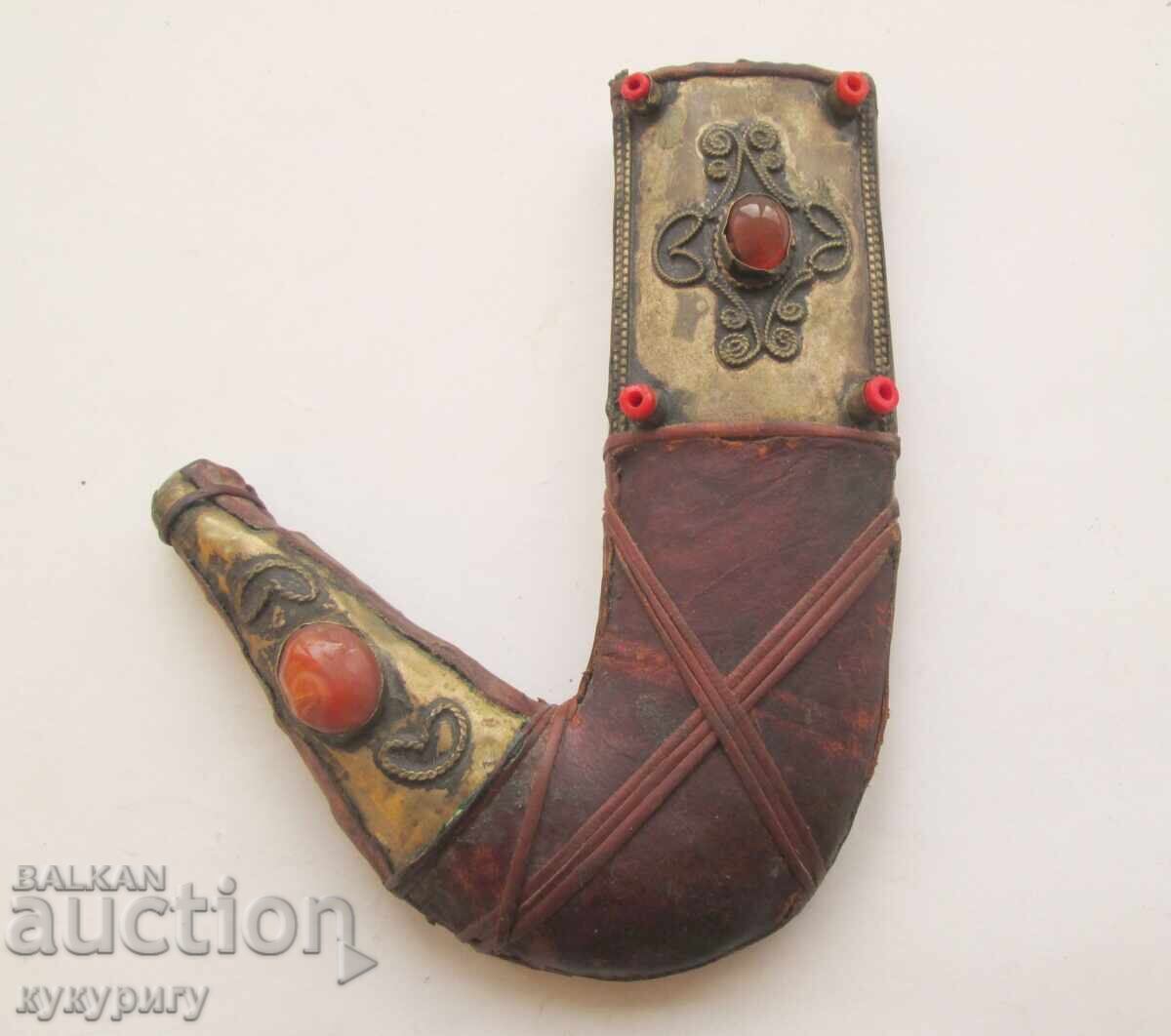 Old leather scabbard with stones and ornaments for knife dagger blade