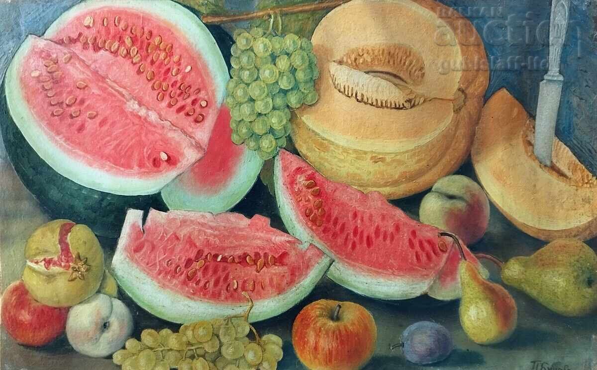 Painting, still life, art. P. Buchevu, 1940s.