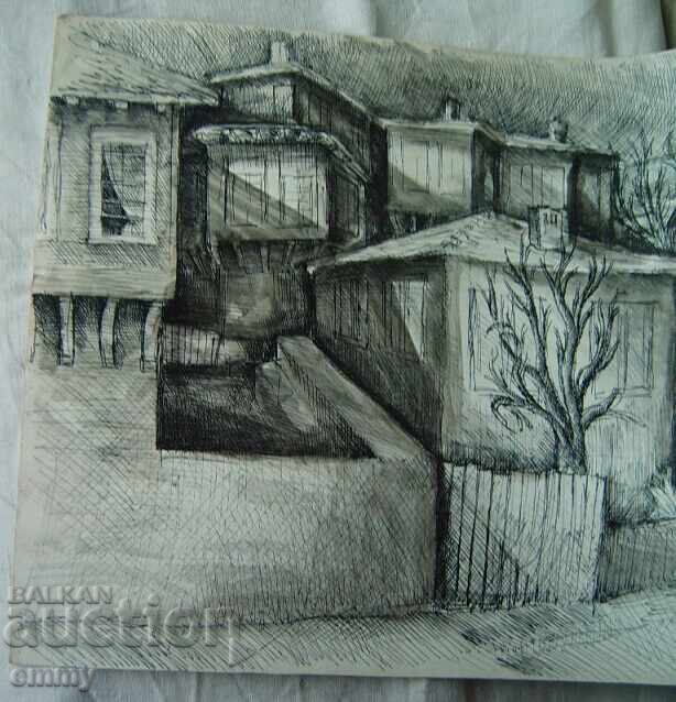 Ink drawing, 1980 - Raykovo district, Smolyan. Unsigned with price 22.00 BGN | € 11.25 Ink drawing, 1980 - Raykovo district, Smolyan. Unsigned with price 22.00 BGN | € 11.25