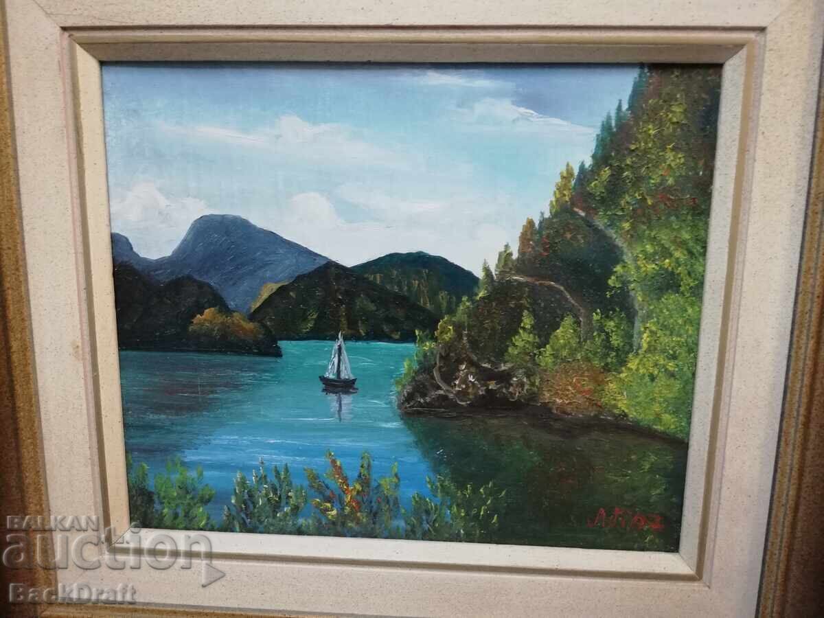 Pictură pe pânză, peisaj, râu, munte, barcă, cadru cu semnătură cu preț 145.00 BGN | € 74.14