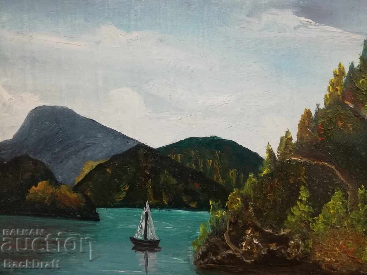 Licitație Pictură pe pânză, peisaj, râu, munte, barcă, cadru cu semnătură