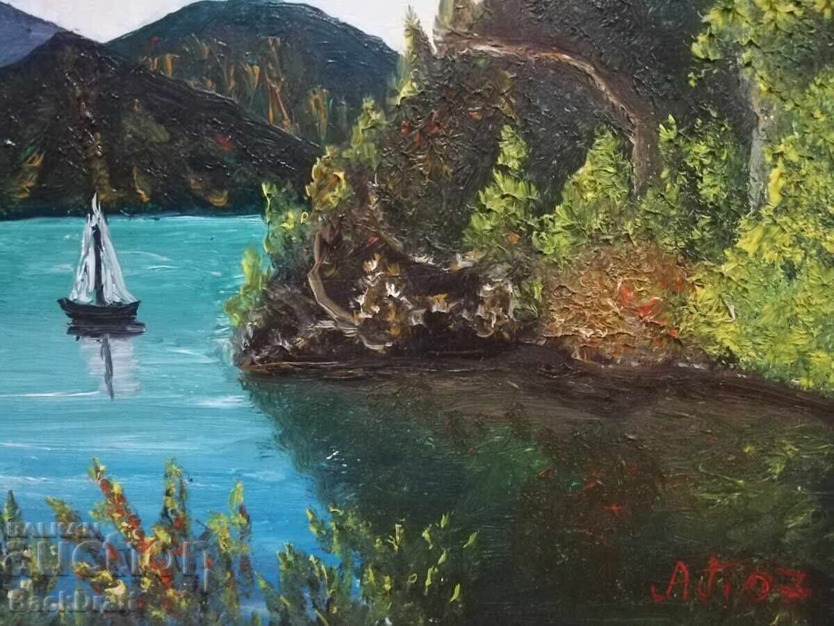 Livrarea Pictură pe pânză, peisaj, râu, munte, barcă, cadru cu semnătură