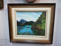 Canvas Painting, Landscape. River, Mountain, Boat, Frame with Signature