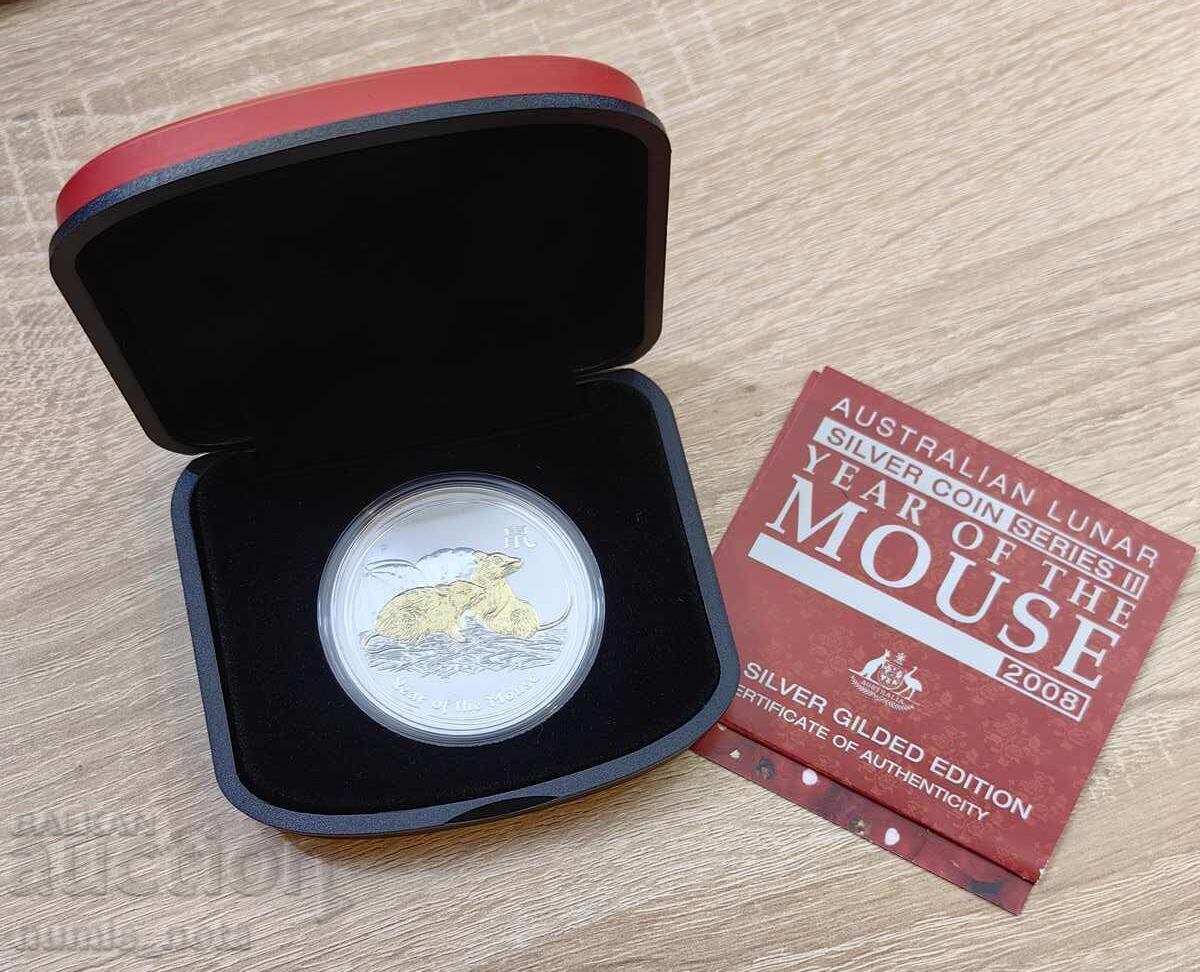 Ασημένιο 1 ουγκιά Year of the Mouse 2008 Lunar Australia Επίχρυσο - 6