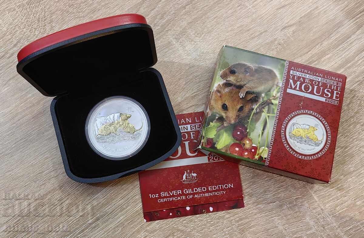 Ασημένιο 1 ουγκιά Year of the Mouse 2008 Lunar Australia Επίχρυσο Ασημένιο 1 ουγκιά Year of the Mouse 2008 Lunar Australia Επίχρυσο