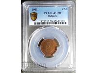 2 stotinki 1901, AU50, PCGS, Citiți descrierea