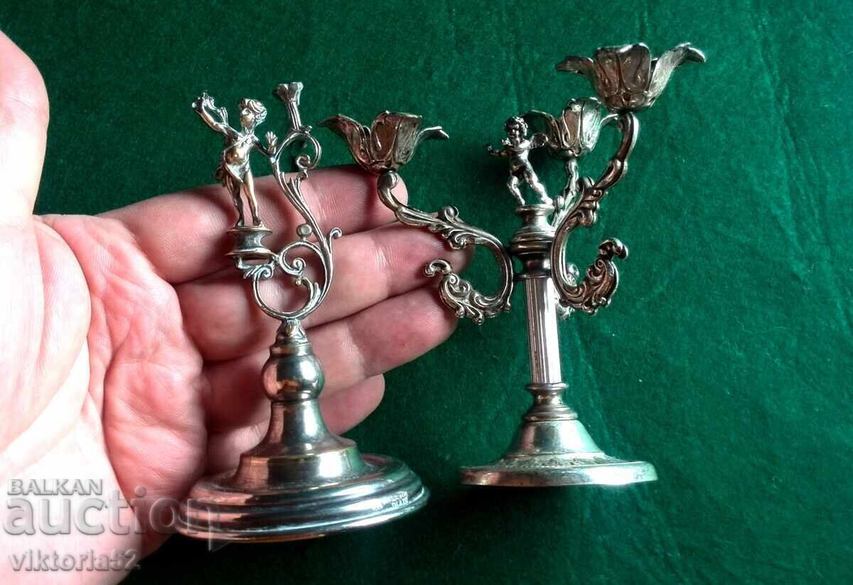 Miniature old silver-plated candlesticks with a cherub-angel - 5 Miniature old silver-plated candlesticks with a cherub-angel - 5