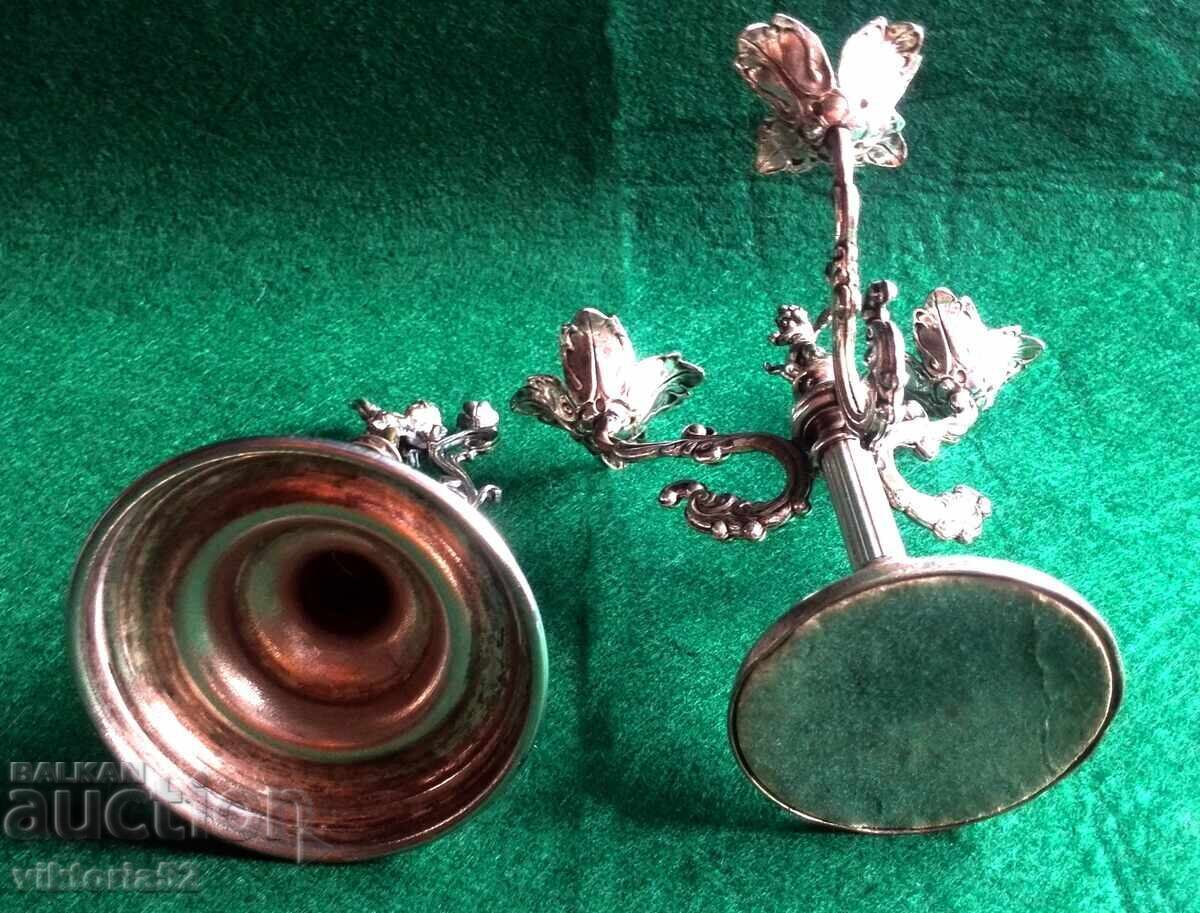 Miniature old silver-plated candlesticks with a cherub-angel - 6 Miniature old silver-plated candlesticks with a cherub-angel - 6