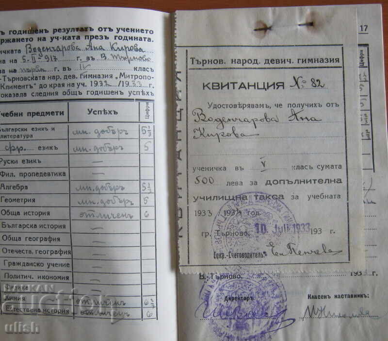 Delivery of 1932 student record notebook V. Tarnovska Devi. high school Delivery of 1932 student record notebook V. Tarnovska Devi. high school
