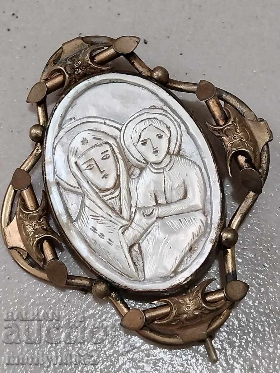 Mother-of-pearl gold-plated jewelry Holy Sepulchre brooch Panagia Kuna - 7