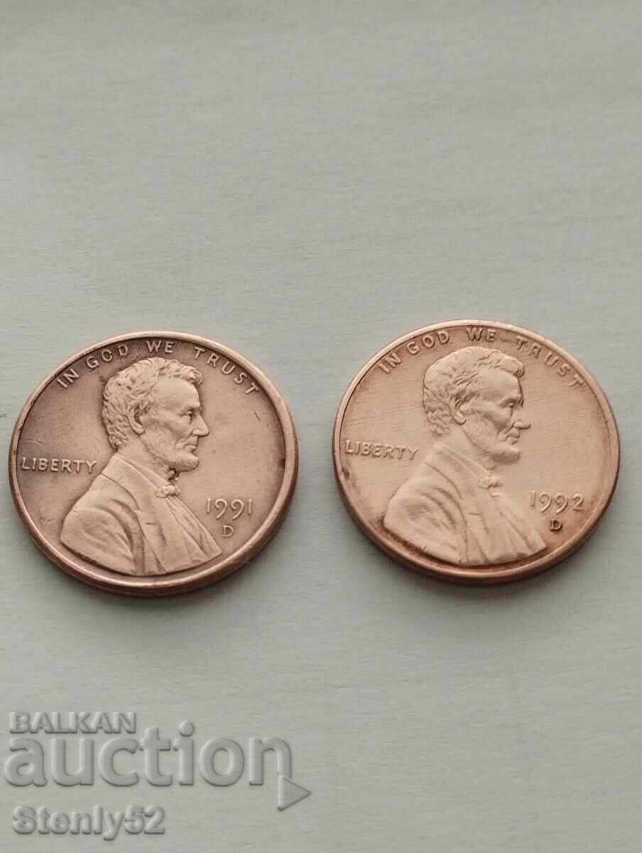 2 pcs. US cents from 1991 and 1992