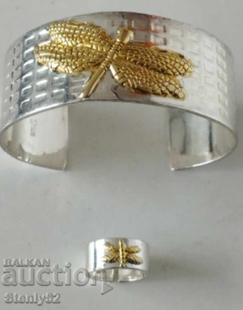 Bratara placata cu argint si inel placat cu rodiu.