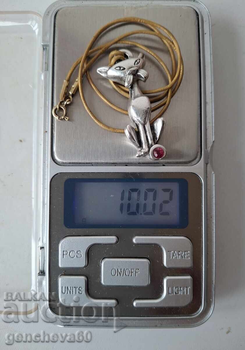 Ασημένιο vintage φυλαχτό με ρουμπίνι, "Γάτα" - 7