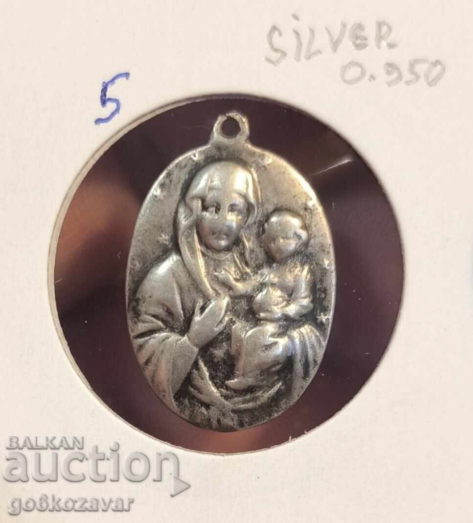 Old amulet pendant, Virgin Mary and the baby, Silver 0.950