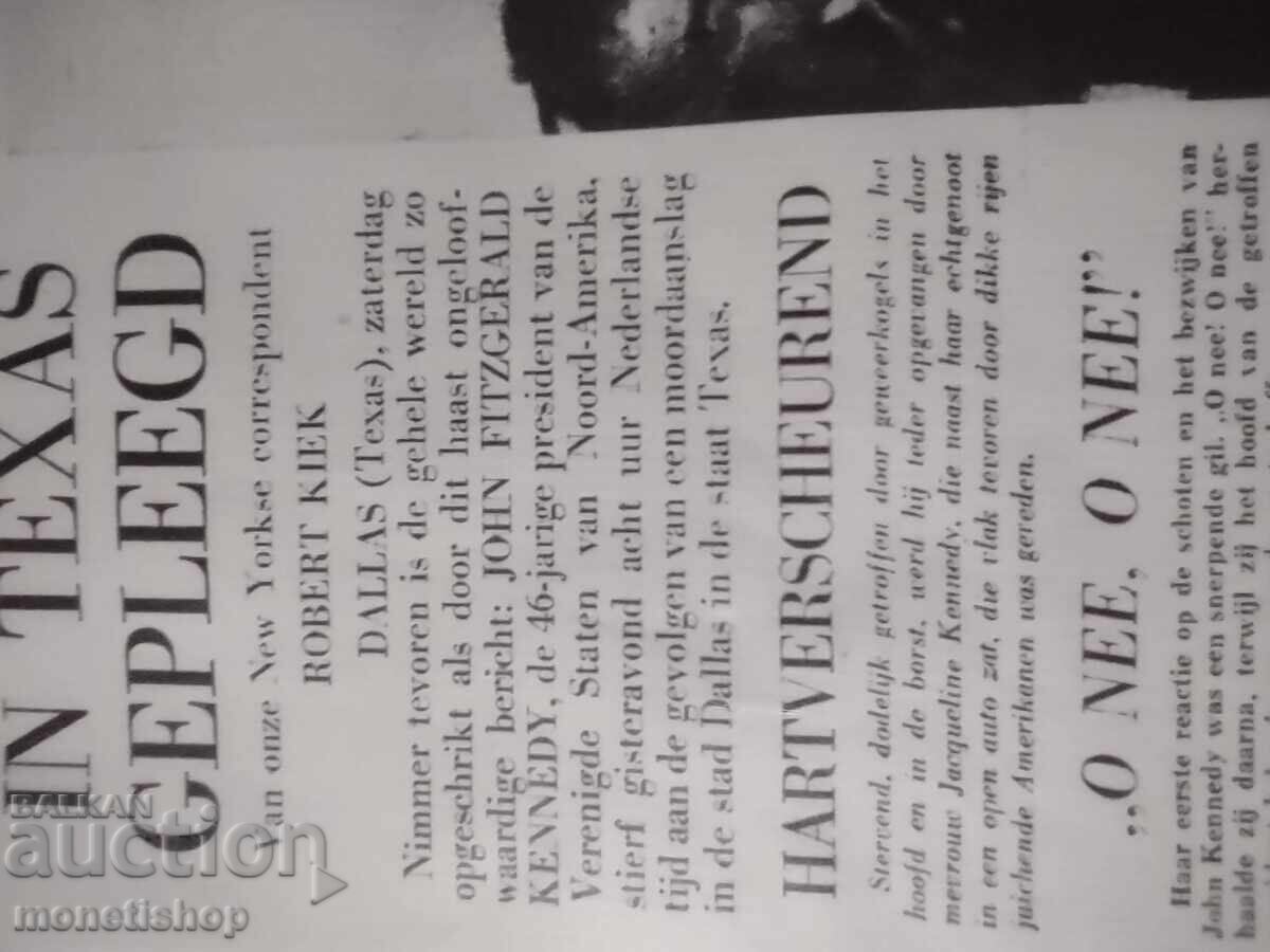 Afiș cu o copie a unui articol De Telegraaf despre moartea lui Kennedy cu preț 150.00 BGN | € 76.69 Afiș cu o copie a unui articol De Telegraaf despre moartea lui Kennedy cu preț 150.00 BGN | € 76.69
