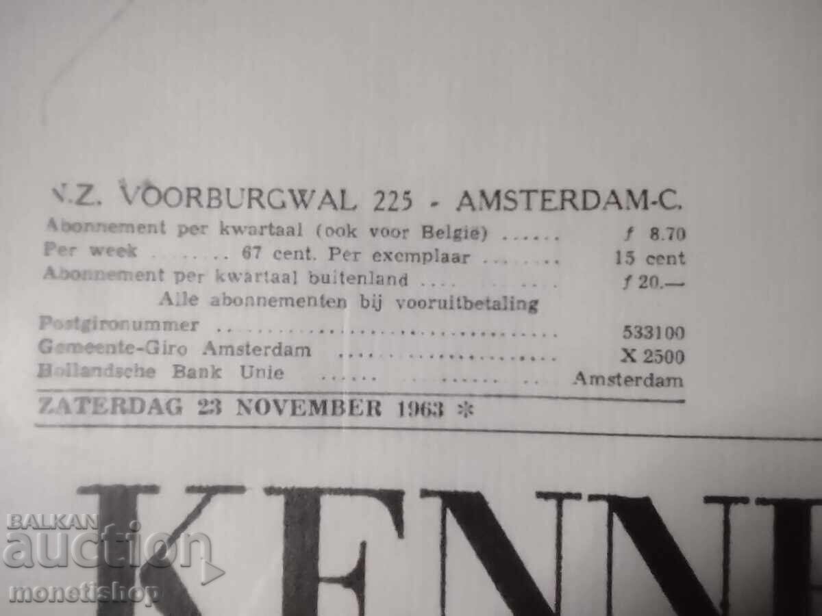 Afiș cu o copie a unui articol De Telegraaf despre moartea lui Kennedy - 5 Afiș cu o copie a unui articol De Telegraaf despre moartea lui Kennedy - 5