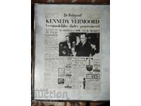 Poster with a copy of a De Telegraaf article about Kennedy's death