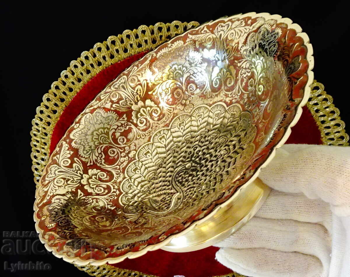 Auction  High bronze fruit bowl Peacock, cloisonné enamel