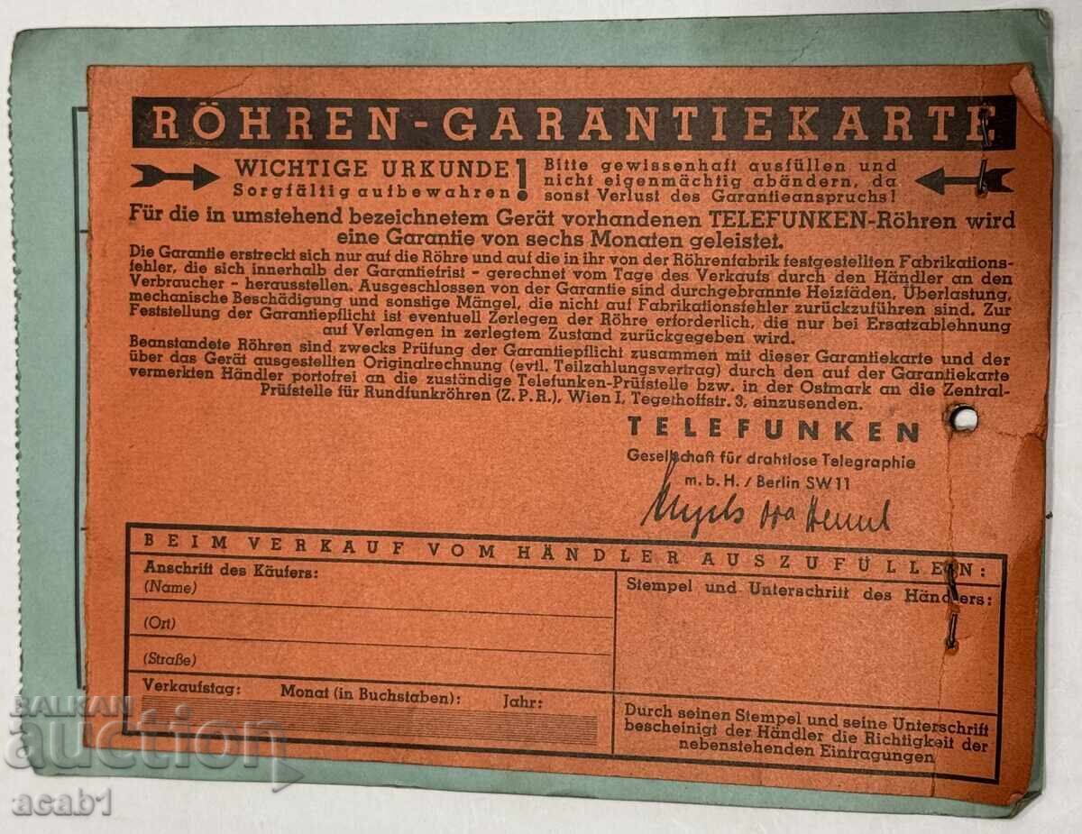 Auction  Warranty card Radio set AEG 421 GW 1943