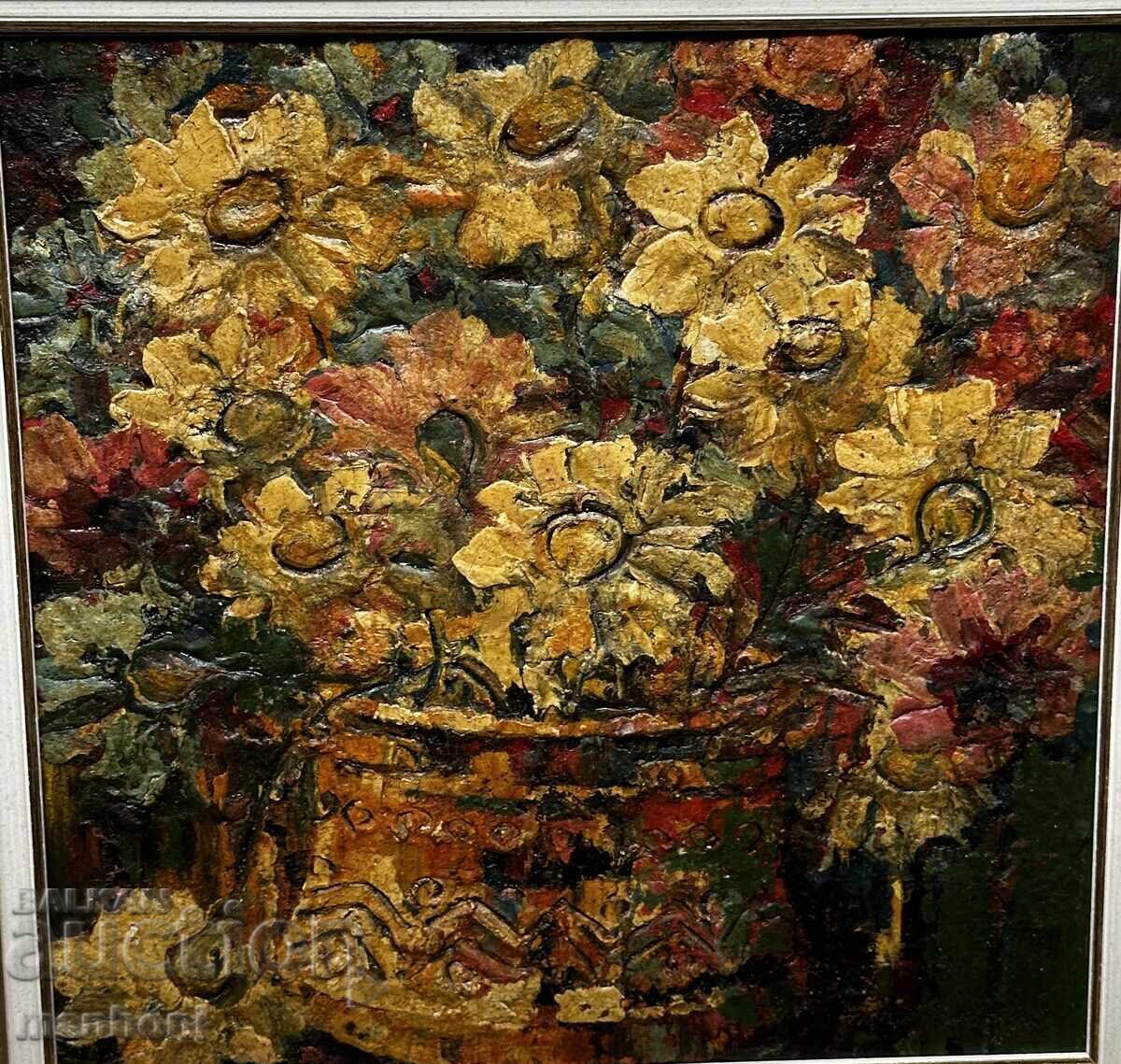 1631 Petar Nikolov Still life with flowers oil on canvas W. 58/58 cm. with price 850.00 BGN | € 434.60