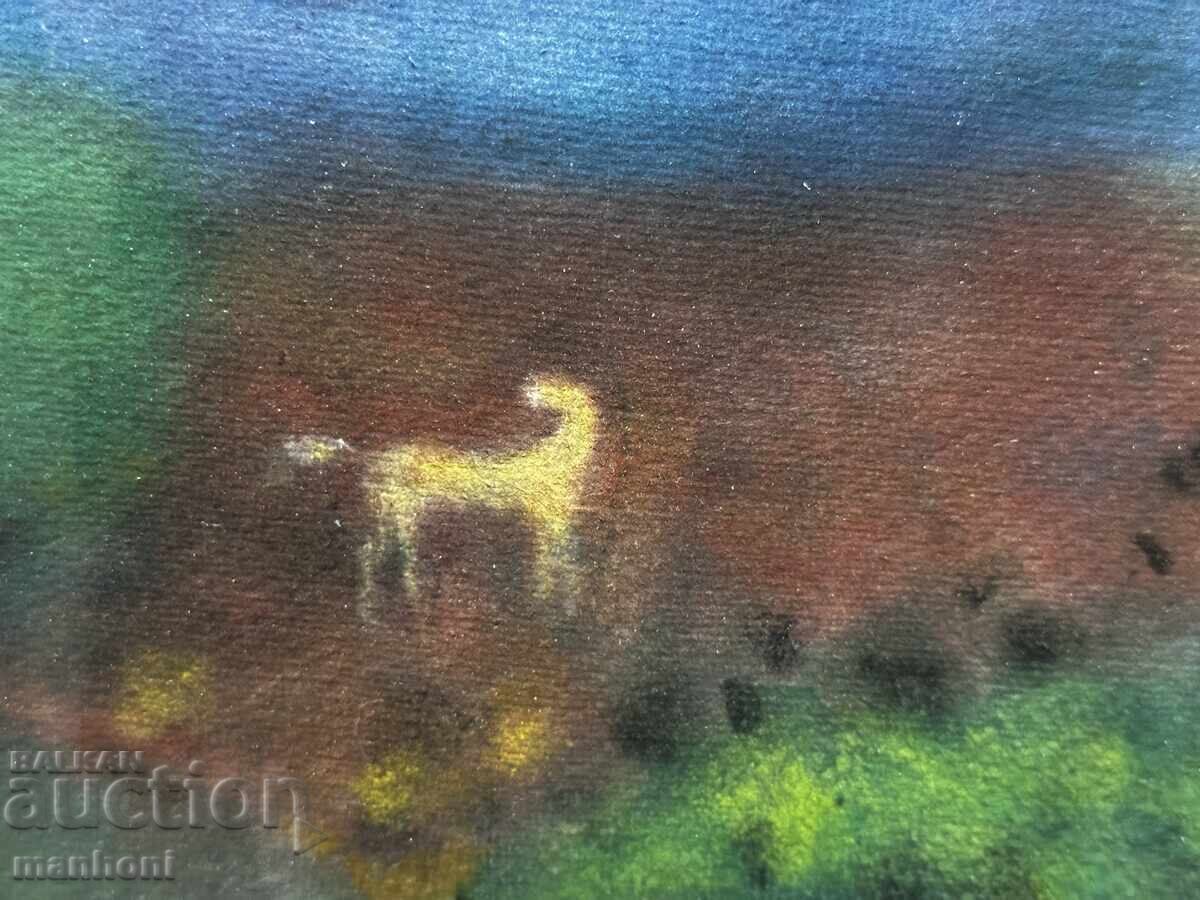 1632 Nenko Tokmakchiev watercolor horse in the field signed P 63/64 with price 850.00 BGN | € 434.60 1632 Nenko Tokmakchiev watercolor horse in the field signed P 63/64 with price 850.00 BGN | € 434.60