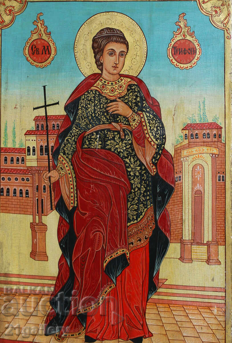 Hand-painted large icon of the Holy Great Martyr Tryphon with price 2000.00 BGN | € 1022.58