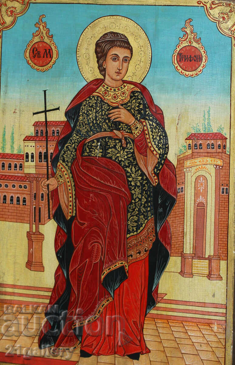 Hand-painted large icon of the Holy Great Martyr Tryphon