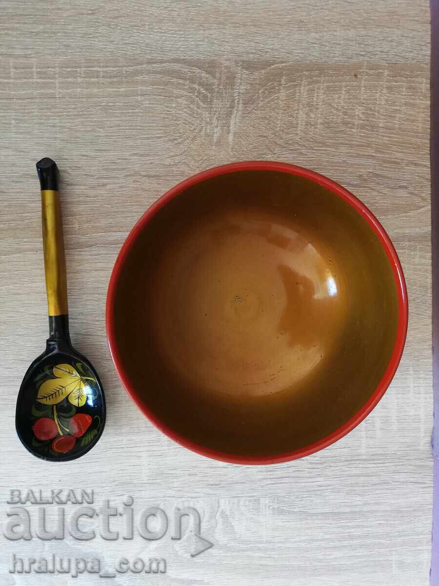 Russian bowl and spoon lacquered wood hand painted USSR - 5 Russian bowl and spoon lacquered wood hand painted USSR - 5