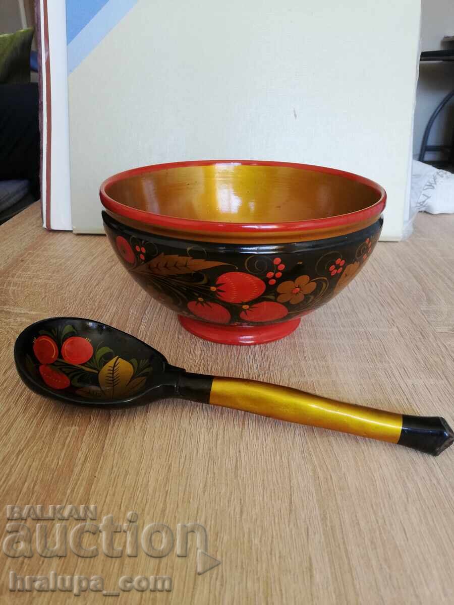 Russian bowl and spoon lacquered wood hand painted USSR Russian bowl and spoon lacquered wood hand painted USSR