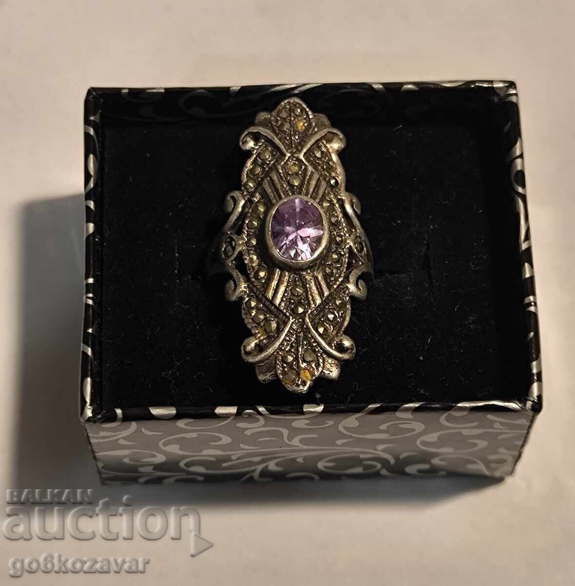 Antique Silver Ring, Amethyst and Marcasite! 0.925