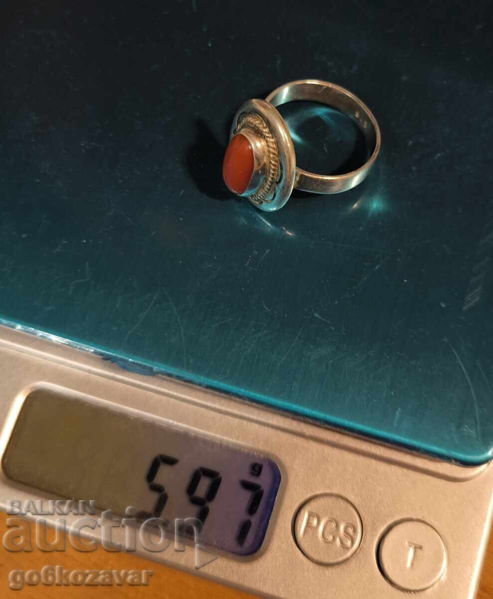 Αντίκα ασημένιο δαχτυλίδι, φυσικό κόκκινο κοράλλι! 0,925 - 7