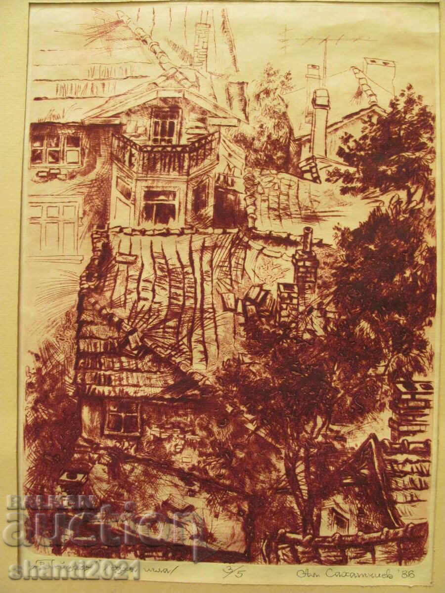 Drypoint painting 3/5, signed Al. Sahatchiev with price 120.00 BGN | € 61.36 Drypoint painting 3/5, signed Al. Sahatchiev with price 120.00 BGN | € 61.36