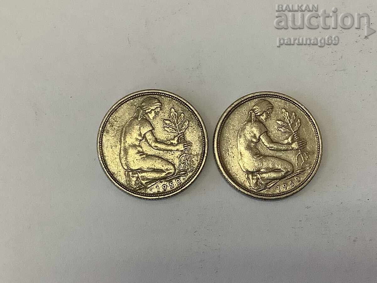 Germany 50 pfennig 1950 F J year 2 pieces with price 4.00 BGN | € 2.05 Germany 50 pfennig 1950 F J year 2 pieces with price 4.00 BGN | € 2.05