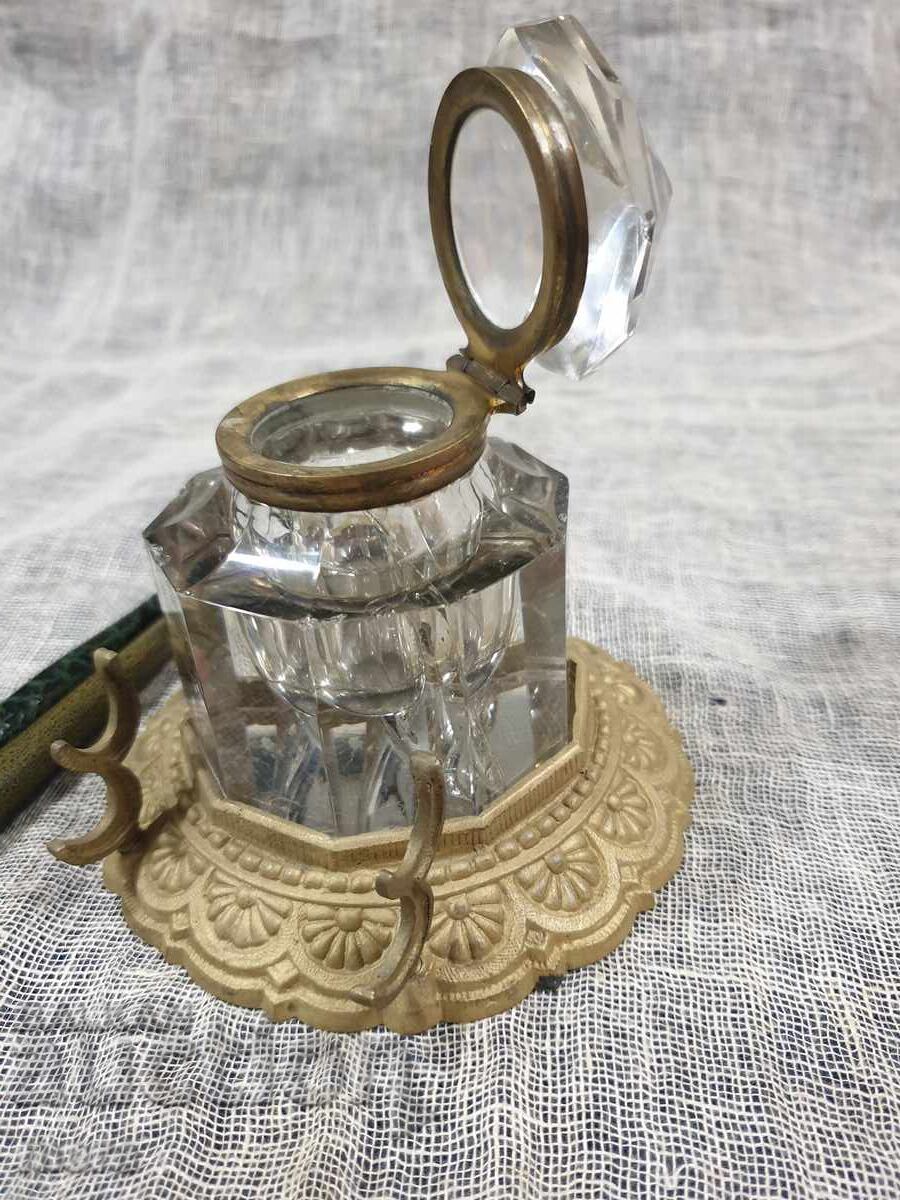Auction Antique inkwell made of crystal glass and brass Auction Antique inkwell made of crystal glass and brass