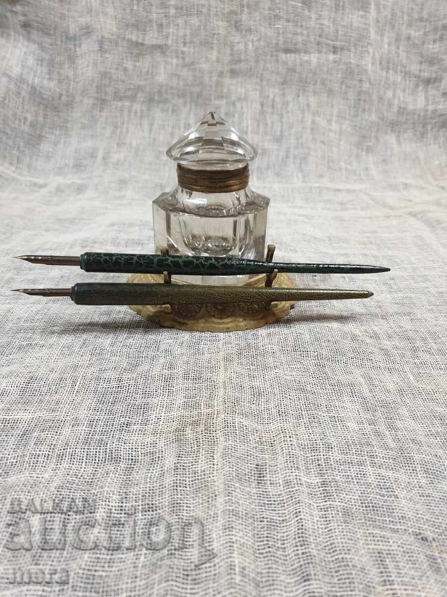Antique inkwell made of crystal glass and brass Antique inkwell made of crystal glass and brass
