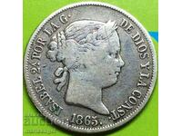 Spania 40 centimos 1865 Isabel II argint 23 mm