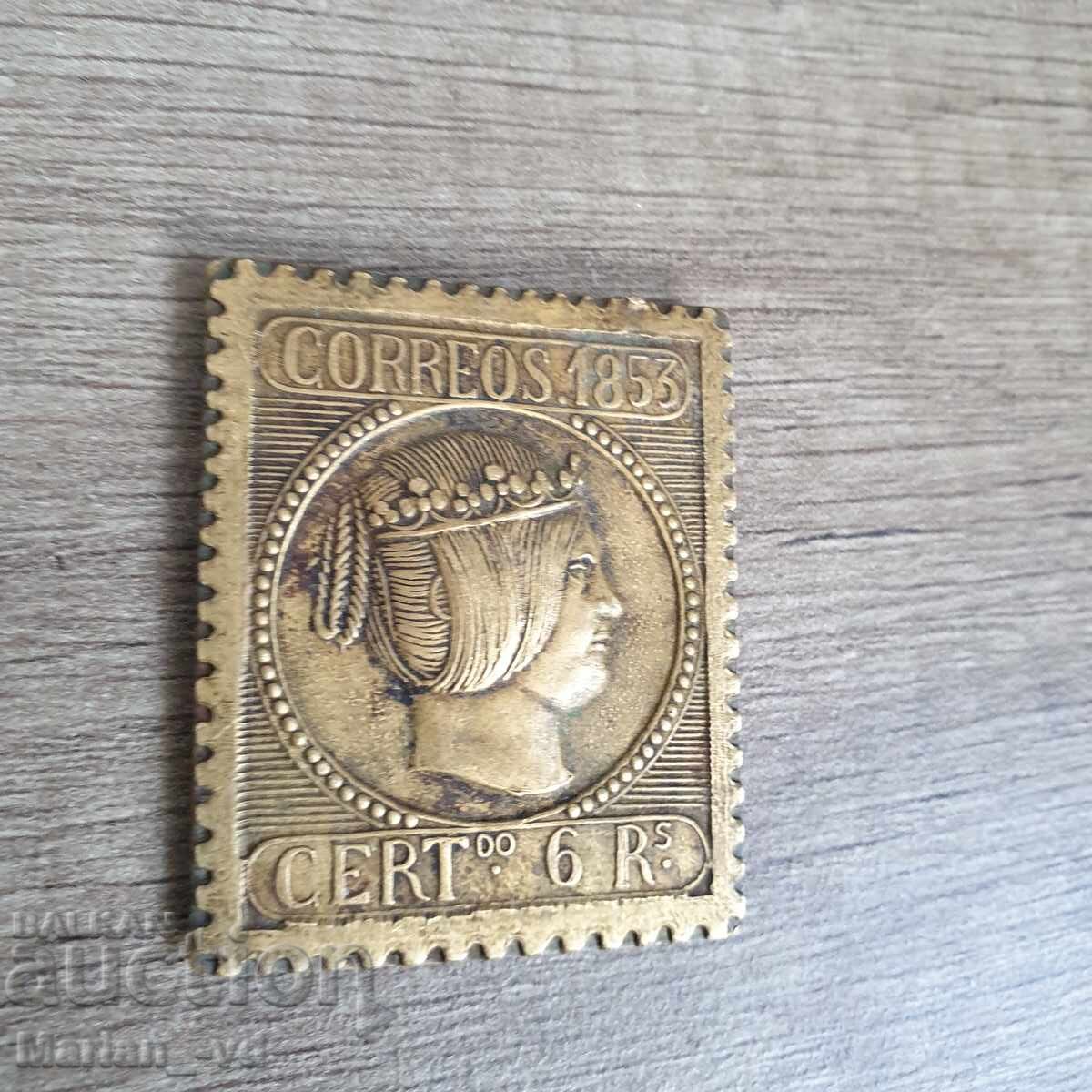 Bronze plate stamp of 6 reales Spain 1853 - 7 Bronze plate stamp of 6 reales Spain 1853 - 7