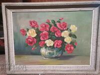 Still life painting. Vase with roses. Oil