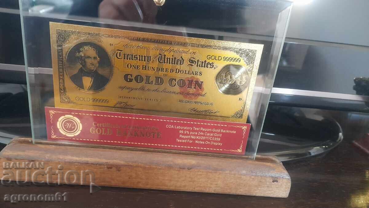 Souvenir gold banknotes 100 dollars 1882 in a stand with price € 18.00 | 35.20 BGN