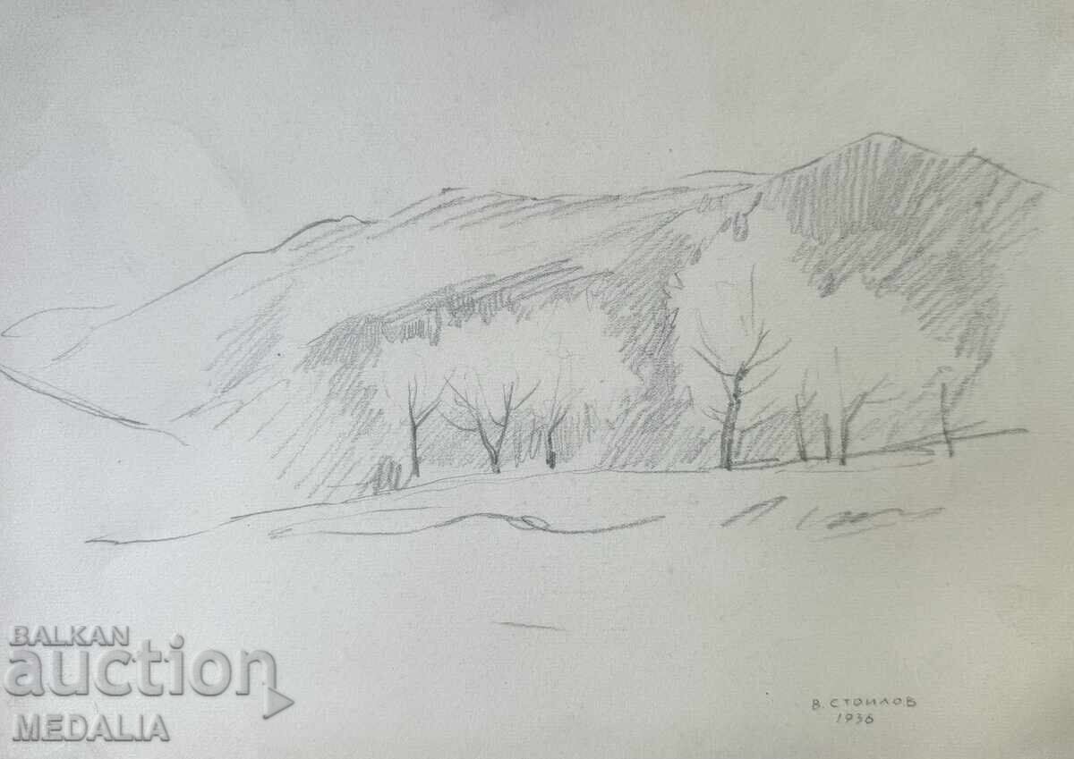 Vasil Stoilov - peisaj - desen - semnat - 1936