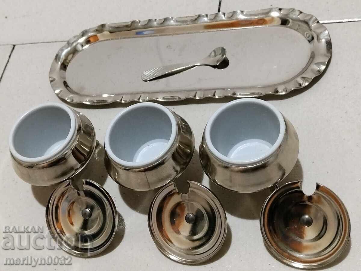 Auction Service caviar mustard curry cups lids tray spoon USSR Auction Service caviar mustard curry cups lids tray spoon USSR