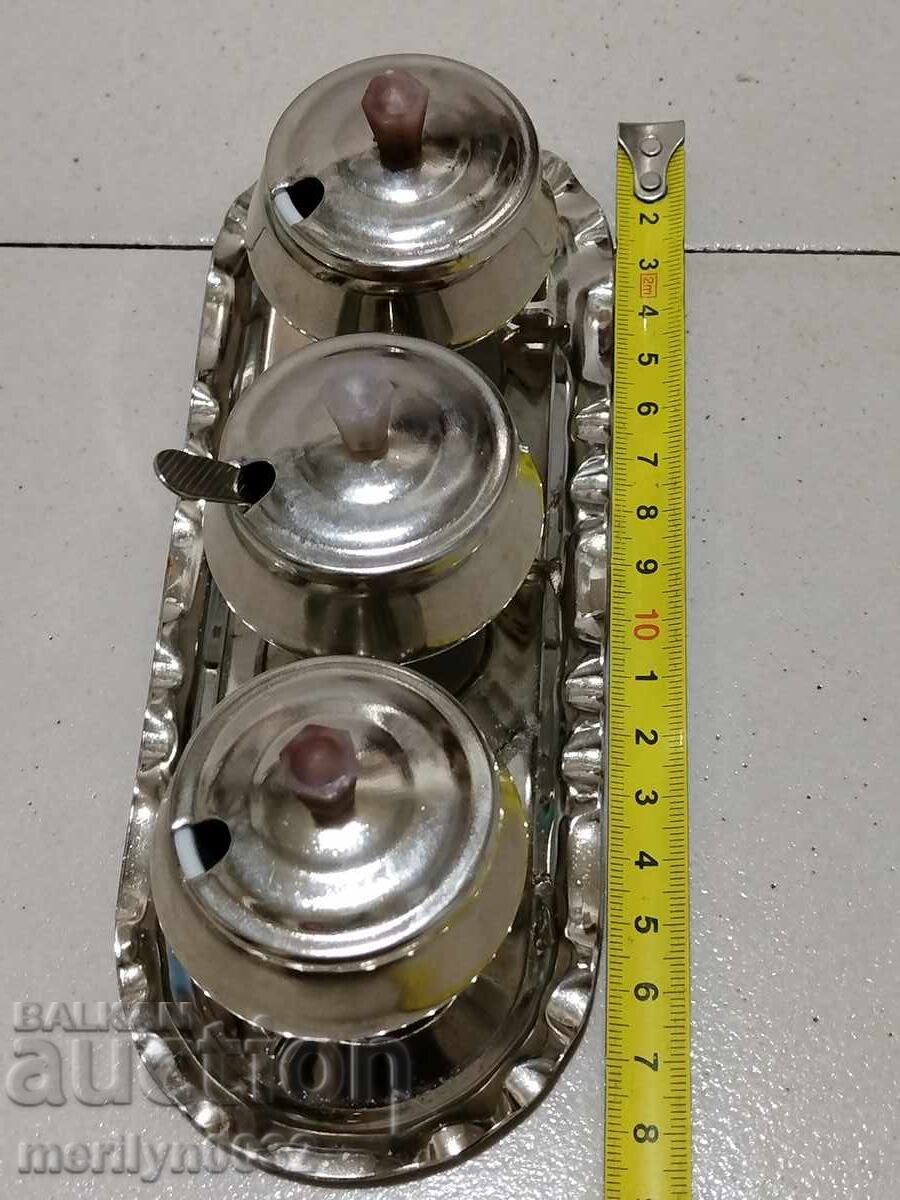 Service caviar mustard curry cups lids tray spoon USSR - 5 Service caviar mustard curry cups lids tray spoon USSR - 5