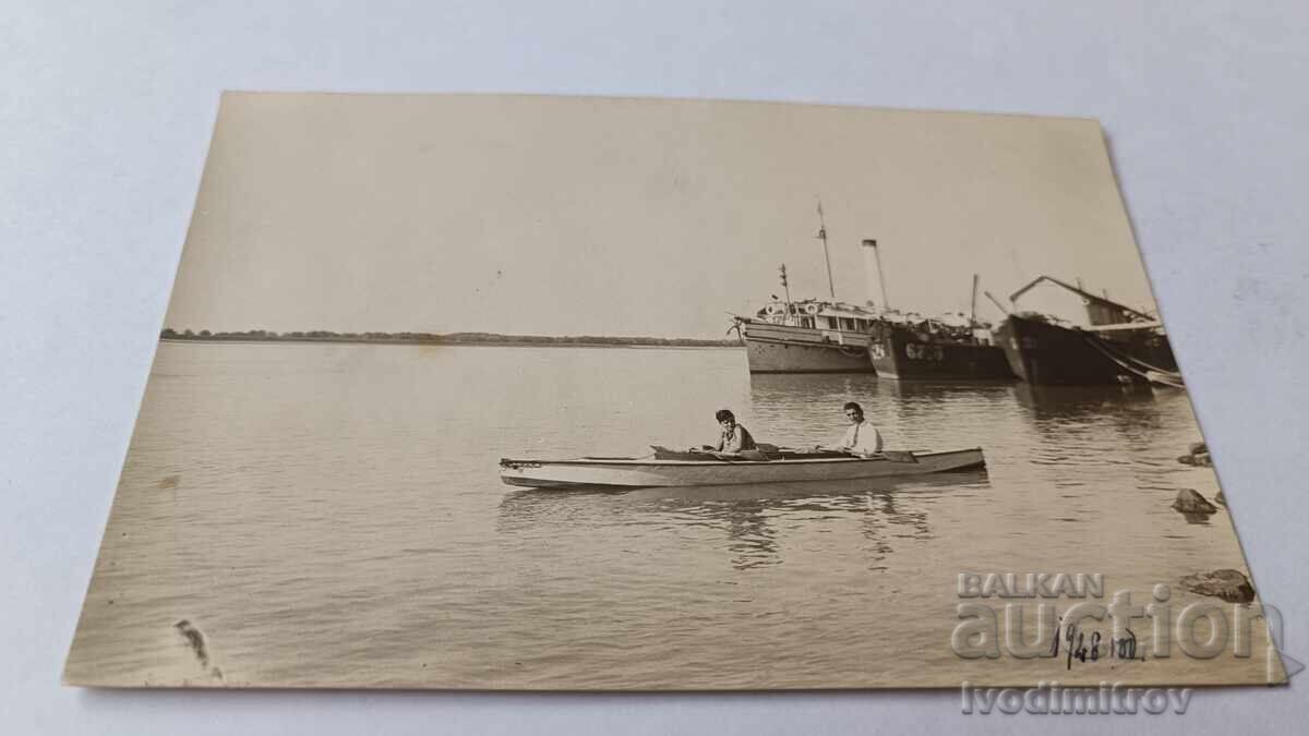 Ruse Photo Two men with a boat in the Danube River 1928 Ruse Photo Two men with a boat in the Danube River 1928