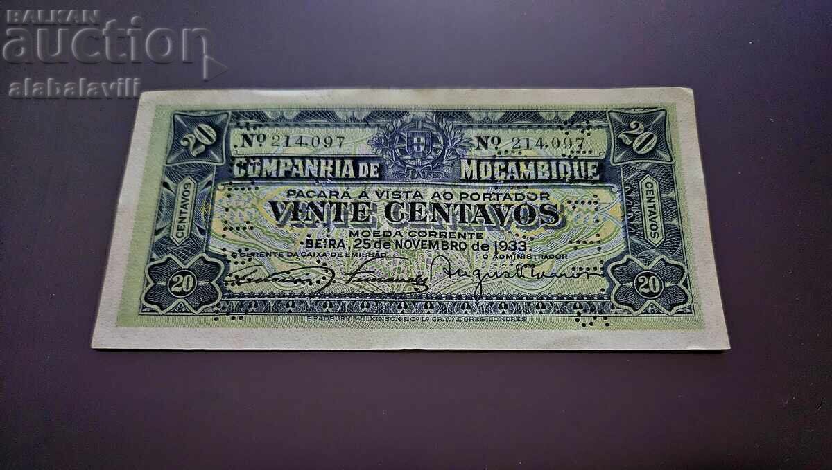 Банкнота 20 центаво 1933, Мозамбик(с перфорация) UNC Банкнота 20 центаво 1933, Мозамбик(с перфорация) UNC