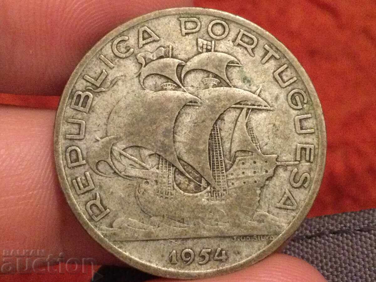 Portugal 10 Escudos 1954 Ship Silver Portugal 10 Escudos 1954 Ship Silver