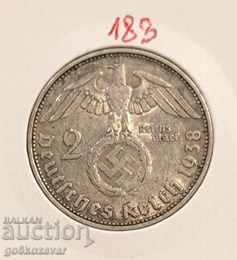 Германия трети райх 2 марки 1938г Сребро !