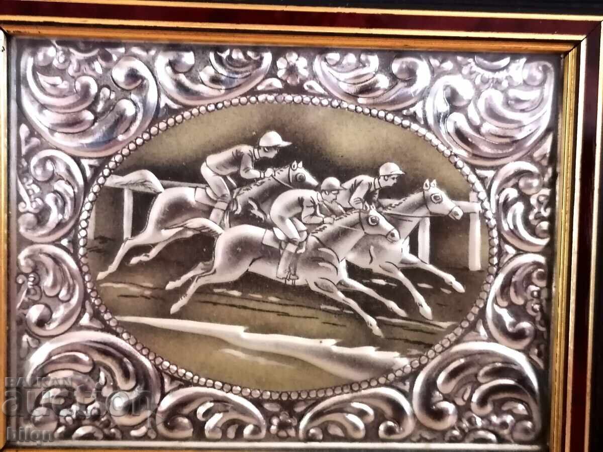 Auction Amazing Silver-Plated Italian Panel - Horse Race Auction Amazing Silver-Plated Italian Panel - Horse Race